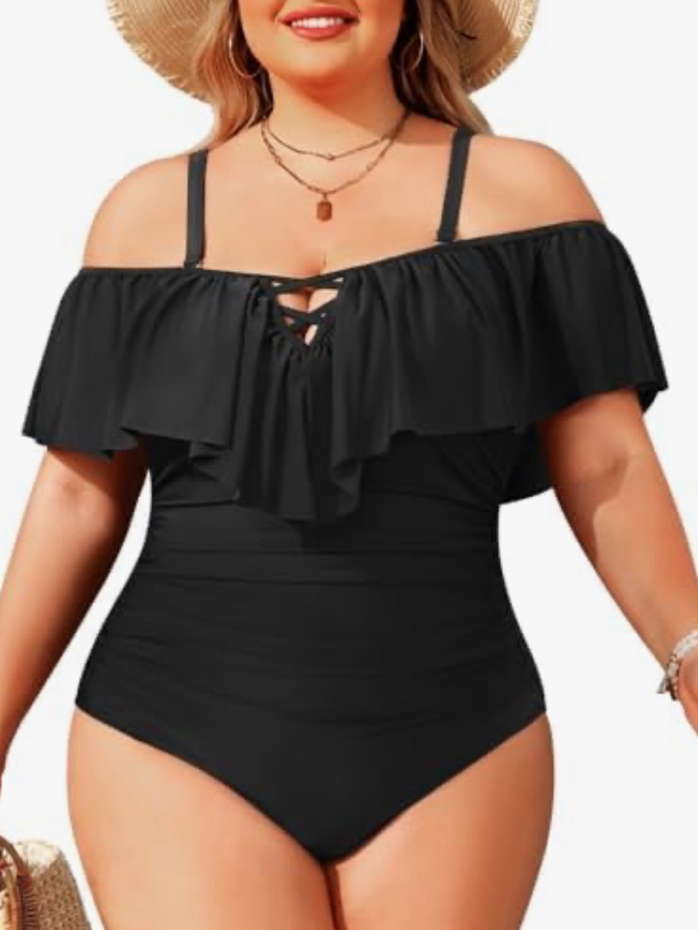 Women’s Black Off-Shoulder Ruffle Lace-Up Detail One-Piece Swimsuit Sz XL NWT